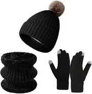 [fdsmall] 3 in1 Winter Hat Scarf Gloves Set, Winter Warm Elastic Knitted Beanie Hat, Circle Neck Warmer Scarf and Touch Screen Gloves Set, Outdoor Sports Soft Fleece Inner Lining Gift