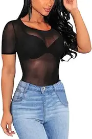 [MAYFASEY] Women's Sheer Mesh Tops Stretchy Long Sleeve Transparent Shirt Blouse Clubwear