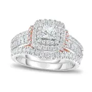 1.25 CT. T.W. Cushion-Cut Natural Diamond Double Frame Collar Multi-Row Bridal Engagement Ring Set in Solid 14K Two-Tone Gold