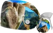 [WOSHJIUK] Working Hat 2 Pack Scrub Caps for Women,Blue Sky Mountain Cow,Tie Back Cap Adjustable Scrub Hat