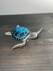 Turtle Trinket Jewelry Box Decor Hinged Shell Turquoise and Silver