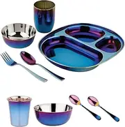 Ahimsa 9 Piece Dish Set - Stainless Steel, Iridescent Blue, BPA Free, Toddler Dishware, Mealtime Essentials
