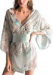 [RSBFK] Women's Sexy Kimono Lingerie Set with Girdle Matching Bra and G-String Robe Lingeries Sets 4 Piece