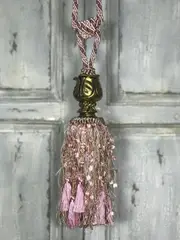 Pair 2 pieces Curtain Tie Backs - 30cm Tassel with fancy fringe and beads - Pink/ Pale Gold