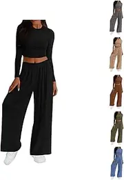 [Generic] Women'S 2 Piece Outfits Lounge Sets Long Sleeve T-Shirt Top High Waisted Wide Leg Pants Set Baggy Tracksuit Suit