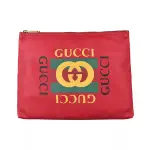 【GUCCI 古馳】GUCCI經典綠紅綠印花LOGO荔枝紋設計牛皮手拿化妝包(紅)