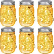 Hanging Mason Jar Solar Lights 6 Pack 20 LEDs IPX6 Waterproof Fairy Lights with Jars and Hangers Warm Light Color