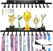 Medal Hanger Display Trophy Shelf with 12 Hooks, Non-Slip Sturdy Metal Medals Holder, Medals Rack for Wall Hanging, Race Medal Display for Gymnastics, Race, Soccer, Swim and More 15inch