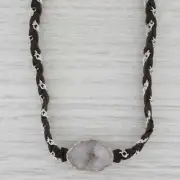 New Nina Wynn Cordelia Necklace Druzy Quartz Woven Dark Brown Leather Tags