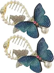 SHERCHPRY 2Pcs Rhinestone Butterflies Hair Bun Clips Elegant Pearl Hair Accessories for Women Comfortable and Durable Bun Holders for Ponytails and Casual Looks