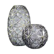 SOGA 2X Grey Colored Diamond Cut Glass Flower Vase Round Jar Home Decor with Gold Accent