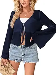 [ZAFUL] Women Tie Front Cardigan Long Sleeve Sheer Mesh Shrug Tie Top Lightweight Bolero Shrugs for Dresses Cover Ups