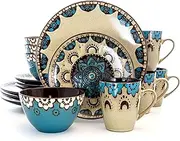 [Elama] CLAYHEART16 Clay Heart Piece Luxurious Stoneware Dinnerware with Complete 4, 16pc, 16 pc Set, Tan, Blue, Brown