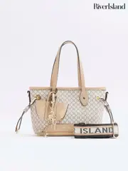 River Island Beige Monogram Tie Side Small Shopper Bag (F98091) | $74