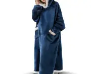 Unisex Sherpa Hoodie Blanket Hooded Oversized Wearable Throw Blanket-Navy
