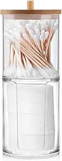 WJASI Qtip Holder Dispenser with Cotton Pads Jar Set Bamboo Lid Stackable Bathroom Counter Acrylic Organizer to Storage Cotton Ball Cotton Swab and Bath Salts