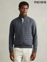 Reiss Airforce Blue Flintoff Hybrid Quilt and Knit Zip-Through Jacket (188027) | $350