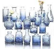 Fixwal Set of 18 Blue Bud Vases for Flowers, Vintage Clear Glass Vases Small Vases for Centerpieces for Home Table Decor Rustic Wedding Decorations