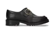 Women vegan loafers black apple skin derby flats with strap buckle adjustable