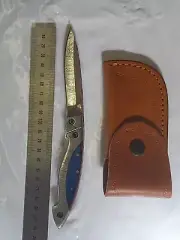 Hand Forged Damascus Folding Knife Pakkawood Handle Leather Sheath Gift
