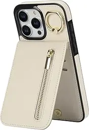 Jarttarn Leather Case for iPhone 16 Pro Max (2024),Anti-Fall Phone Case with Zipper Card Slot & Finger Ring,Ultra-Thin Shockproof Protective Back Cover (White)