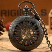Black Steampunk Pocket Skeleton Watch Mechanical Chain Fob Wind up Vintage Style