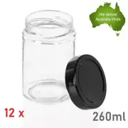 12 x Black Lid Small Glass Jars Party Favour Candle Lolly Jar Wedding Jam 260ml