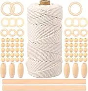 UKQRRTC 74Pcs Macrame Kit, DIY Complete Macrame Wall Hanging Kit with Cotton Rope, Wood Beads, Rings, Sticks (Beige)