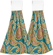 Elegant Pasley Floral Teal Colorful Decorative Bath Towel with Hanging Loop Set of 2 Decorative Hand Towels Bathroom Dish Rags White