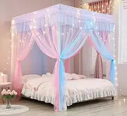 Mengersi Rainbow Canopy Bed Curtains with Lights - Princess Bed Canopy for Girls - Bed Drapes Netting- Bedroom Decoration Accessories,Twin