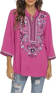 [Grosy] Traditional Mexican Embroidered Peasant Tops for Women, Plus Size Vintage Floral Tunic Shirts, Flowers Embroidery Blouses