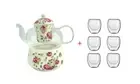 8 Pc Tea Set Glass Teapot 600ml + Porcelain Round Warmer + 6 Japanese Style Cups