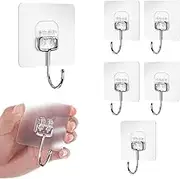 Fisynug 6Pcs Large Self Adhesive Hooks Heavy Duty 44 lb/ 20kg (Max), Removable Sticky on Wall Hooks for Hanging, Waterproof Rustproof Towel and Coats Hooks for Bathroom Kitchen Office