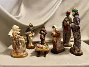 Vintage Mexican Nativity Set Painted Paper Mache Figurines Manger Scene 7 pc