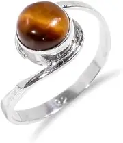 [HIMALYA QUARTZ] Tiger Eye Ring 925 Sterling Silver Men-Women Engagement Ring Dainty Minimalist Ring With Natural Gemstone Handmade Boho Cabochon Round Shape Stone Ring BR01-P