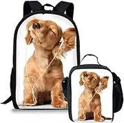 Cute Dog Print Backpack with Lunch Bag for Kids Boys Girls Teens Cool School Book Bag Set