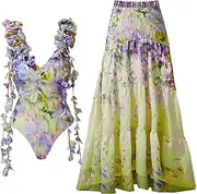 [STKARCV] 1 Set Flowers Printed One Piece Swimsuit and Skirt Women Beachwear Bathing Suit