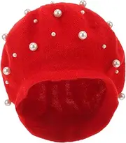 [BESPORTBLE] Women's Beret Beaded Pearl Rivet Wool Beret Comfortable Heavy Work Hat Easy to Match Size Red