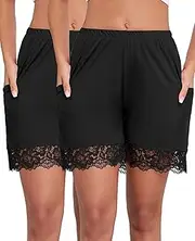 [Pafnny] Under Dress Shorts Anti Chafing Boyshorts Women Satin Pettipants Lace Slip with Pockets 2 Packs