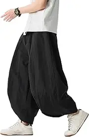 [GURUNVANI] Men’s Split Hem Wide Leg Pants Elastic Waist Loose Fit Beach Harem Trousers