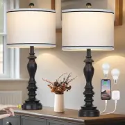 27.5" Farmhouse Table Lamp for Living Room, Black Lamps Set of 2 with USB A+C...