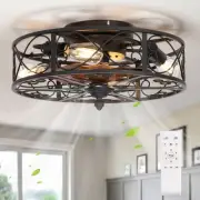 Caged Flush Mount Ceiling Fan with Lights, Farmhouse Rustic Bladeless Ceiling...