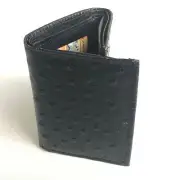 Black Genuine Leather Men's Trifold Wallet Ostrich Print Thin Card Holder