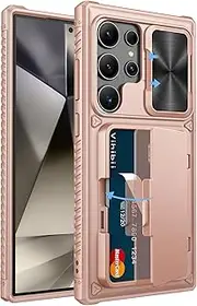 Vihibii for Samsung Galaxy S24 Ultra Case with Slide Camera Protection Cover, Built-in Card Holder (4 Cards) & Kickstand, Shockproof Rugged Wallet Phone Case for Galaxy S24 Ultra 6.8" 2024, Rose Gold