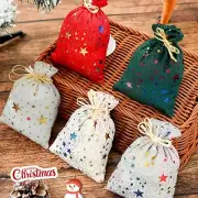 Festive Drawstring Bags 10 Pieces with Star Print for Christmas and Holiday Use