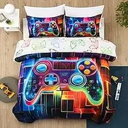 A Nice Night Boys Twin Size 5-Piece Game Console Comforter Set, for Kids Teen 3D Colorful Background Colorful Universe Gamepad Gaming Printed Matching Sheet Sets Black-Red