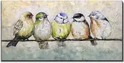 [V-inspire] Paintings，24x48 Inch Oil Hand Painting Five Birds on The Branch Warm Color Painting Style Home Decoration Wood Inside Framed Ready to Hang