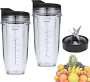 24oz Blender Cups and 7 Fins Blade for Ninja Nutri BN401, BN400, BN801, BN800, Replacement Cups with Sip and Seal Lids. (2Pcs 24oz Cups+1 Pc Blade)- BPA Free.