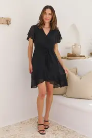 Zahara Chiffon Black Cross Over Tie Waist Evening Dress