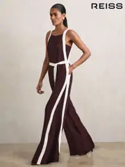 Reiss Burgundy/Cream Salma Petite Colour Block Wide Leg Belted Jumpsuit (H57198) | $550